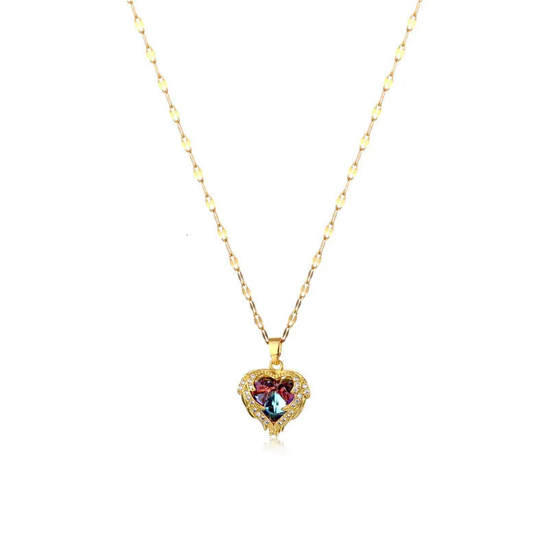 Stainless Steel Beautiful Love Heart Amethyst Gold Shiny Necklace