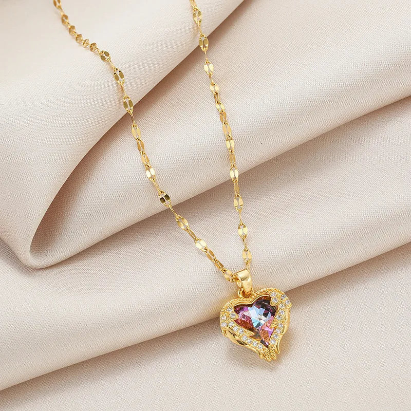 Stainless Steel Beautiful Love Heart Amethyst Gold Shiny Necklace