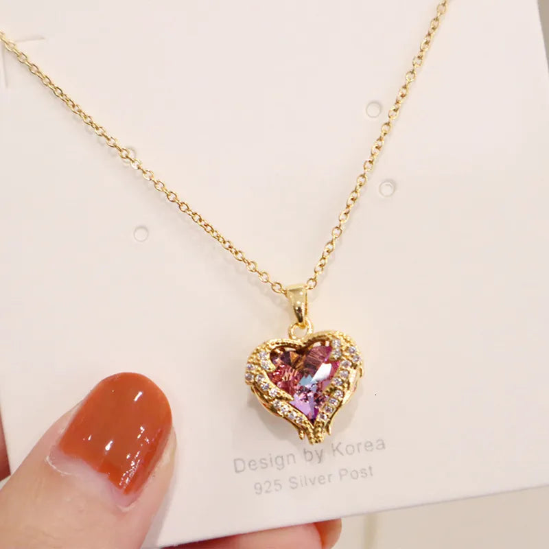 Stainless Steel Beautiful Love Heart Amethyst Gold Shiny Necklace