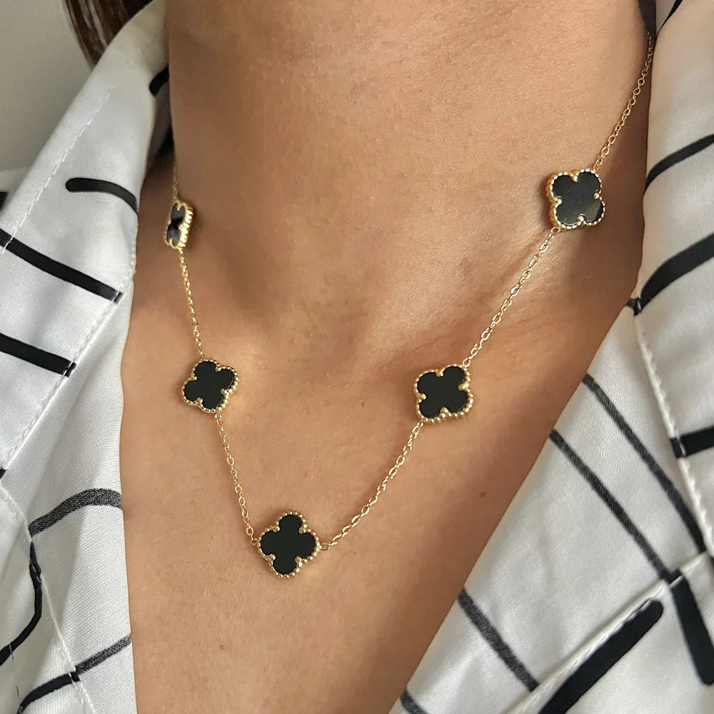 Black Four Leaf Charms Chain Necklace With Stud Earrings