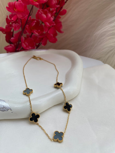 Black Four Leaf Charms Chain Necklace With Stud Earrings