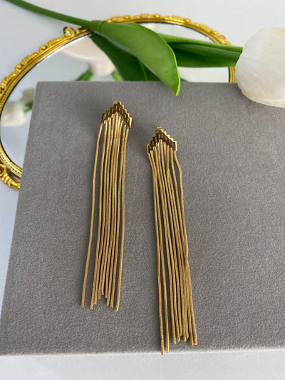 Chain Tassle Danglers Stainless Steel Gold Pleated Earrings