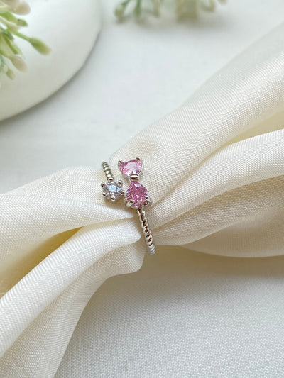 Silver Plated Pink Stone Bow Finger Ring